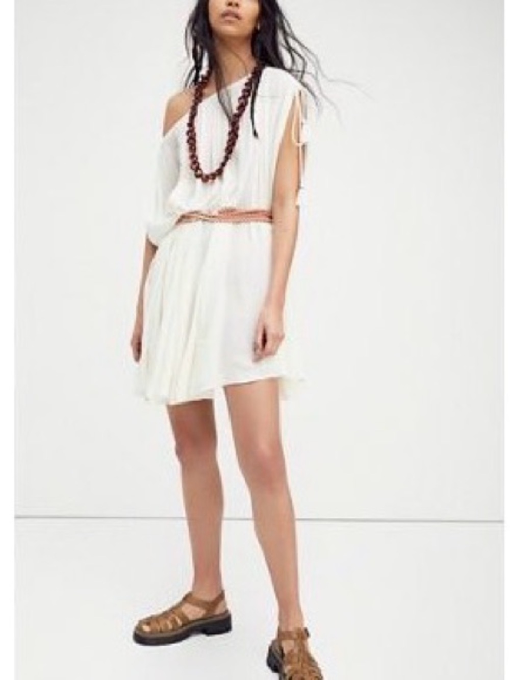 Free People One-Shoulder White Mini Dress with Braided Belt